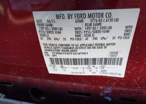 2015 Ford Explorer Limited from USA, damaged, VIN 1FM5K7F87FGC47551
